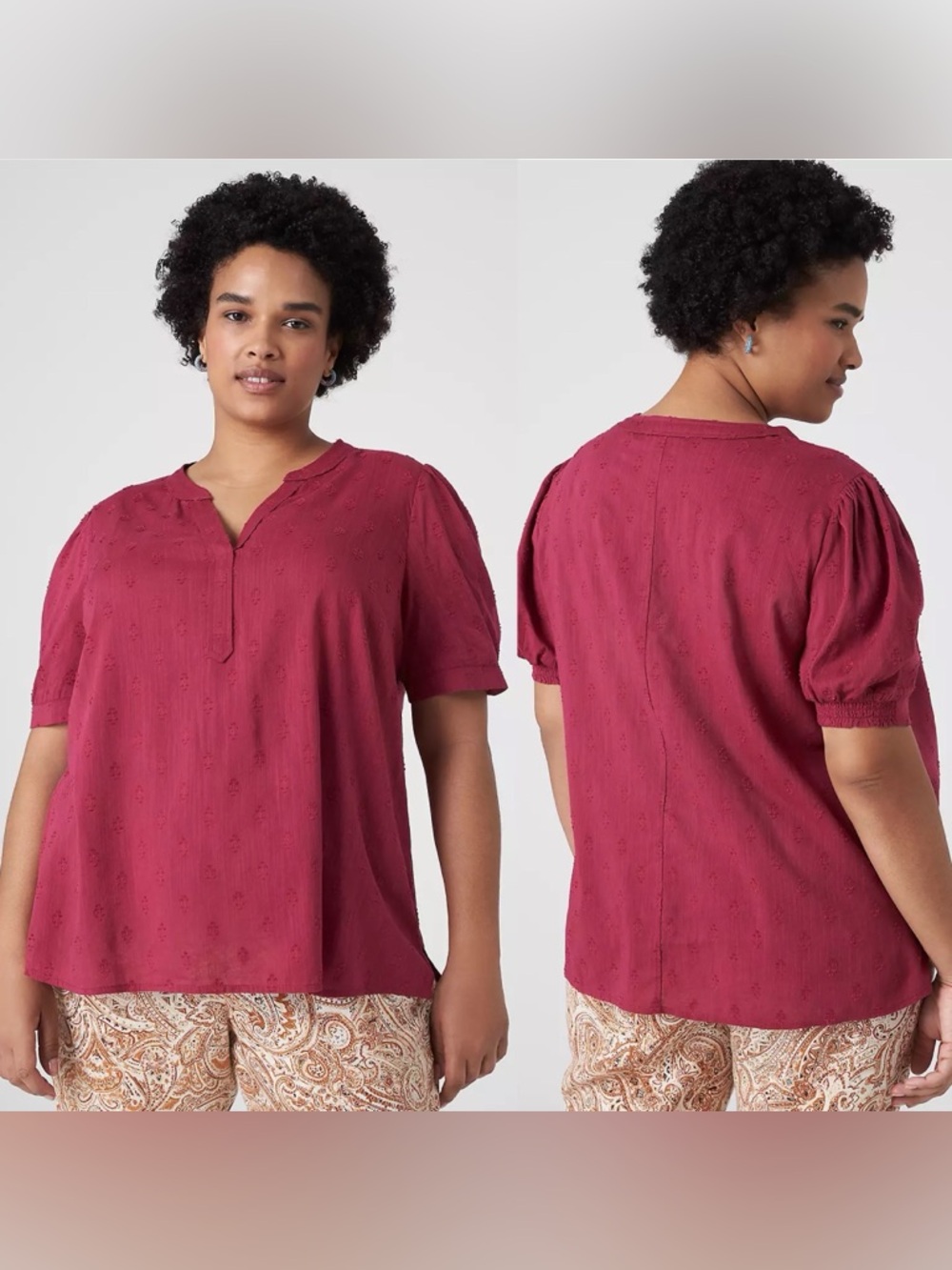 Lane Bryant Burgundy Jacquard Split Neck Cotton Blend Popover Blouse 14/16‎